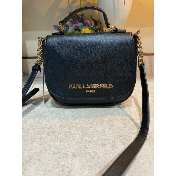 Karl Lagerfeld Paris Leather Crossbody Bag With Gold Chain Accents & Logo - Picture 1 of 10